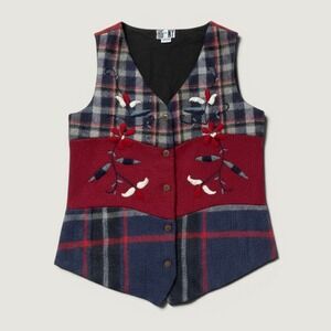 HG NY VTG Plaid 100% Wool‎ Vest Embroidered Floral Red Blue Women's Size S